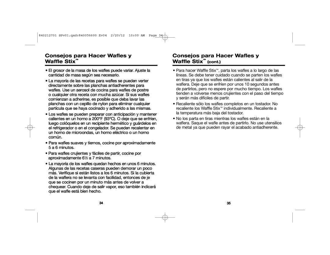 Hamilton Beach 26040 manual Consejos para Hacer Wafles y Waffle Stix cont 