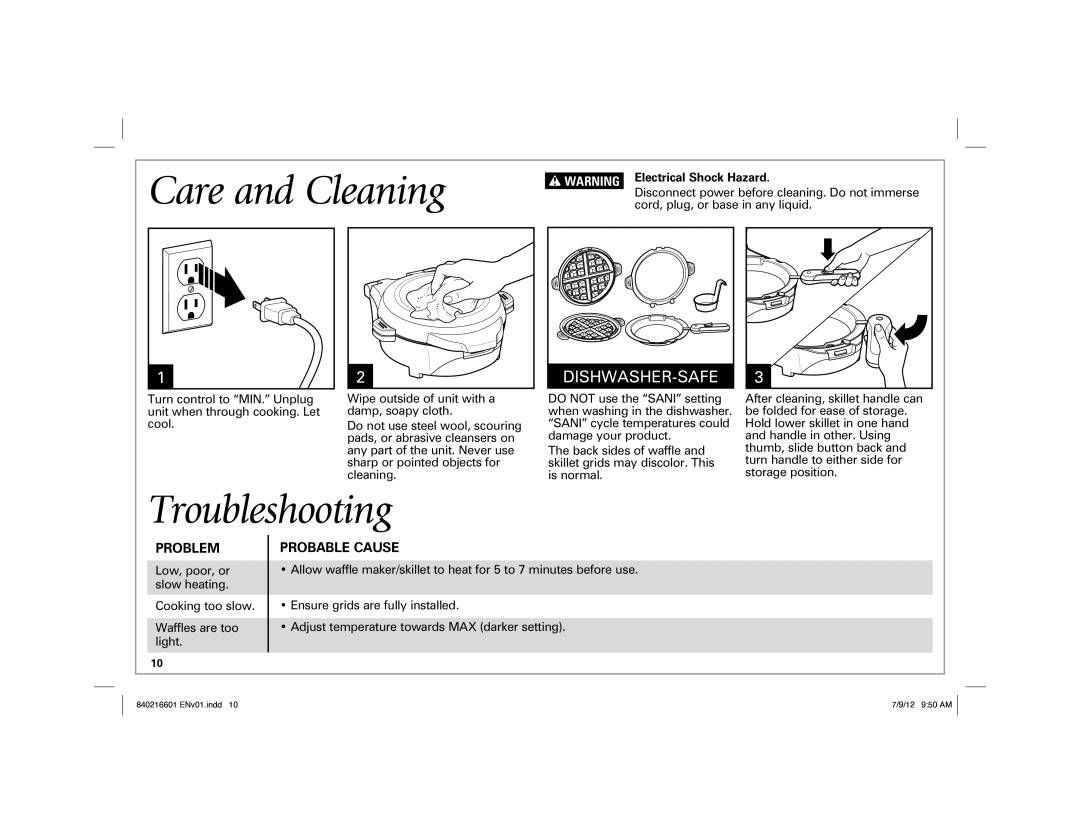 Hamilton Beach 26046 manual Care and Cleaning, Troubleshooting, Problem, Probable Cause 