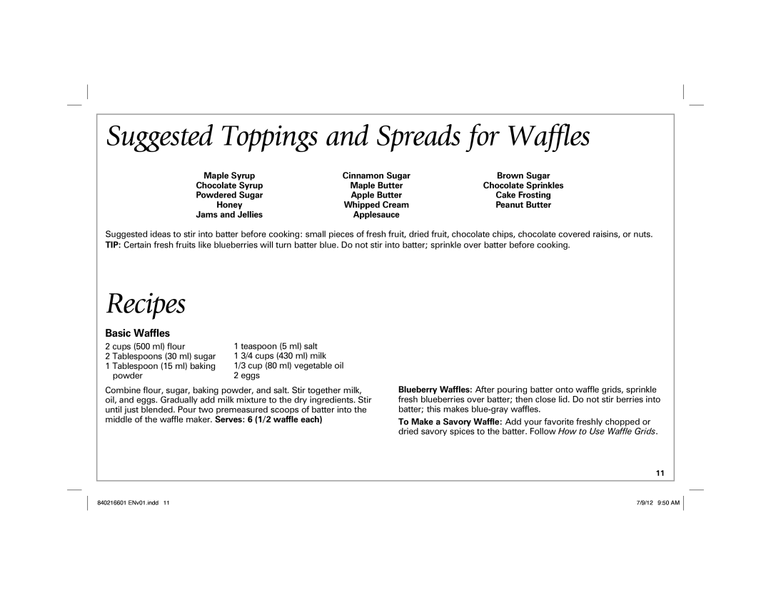 Hamilton Beach 26046 manual Suggested Toppings and Spreads for Waffles, Recipes, Basic Waffles 