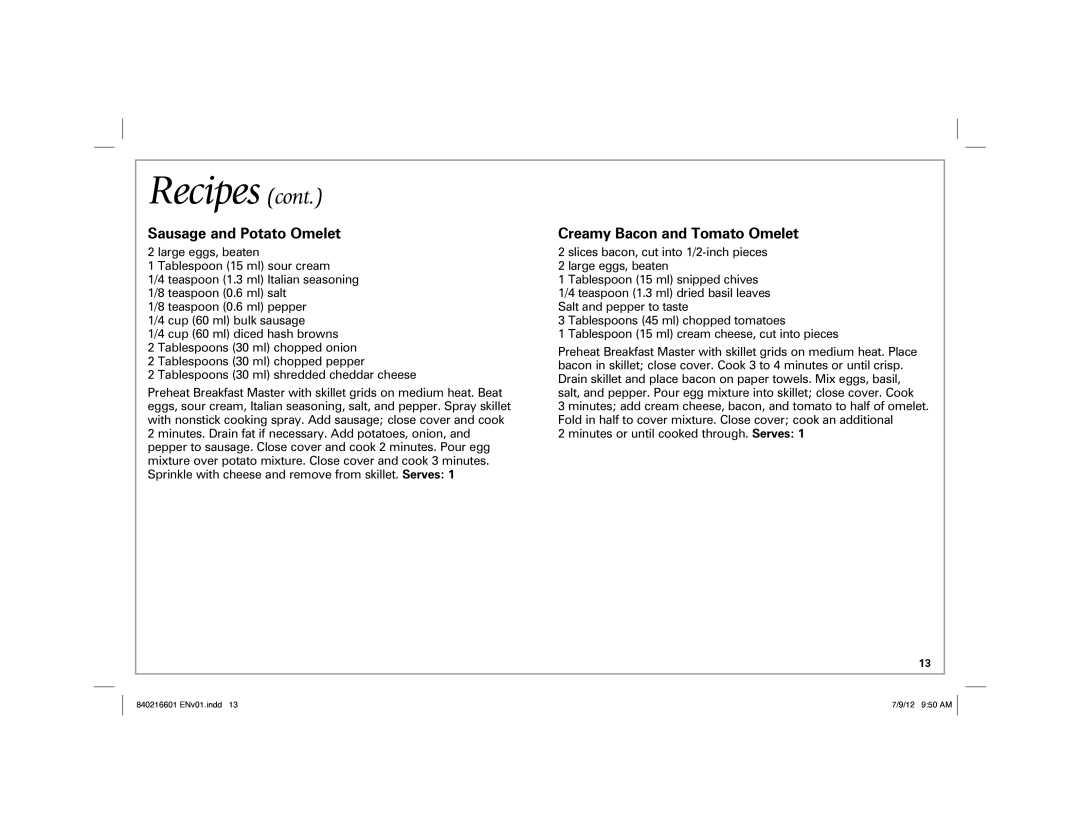 Hamilton Beach 26046 manual Sausage and Potato Omelet, Creamy Bacon and Tomato Omelet 