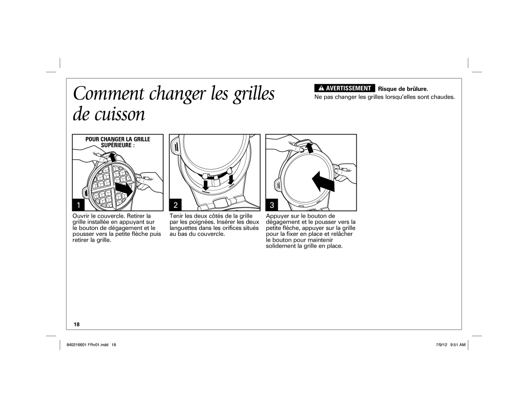 Hamilton Beach 26046 manual Comment changer les grilles de cuisson, Avertissement Risque de brûlure 