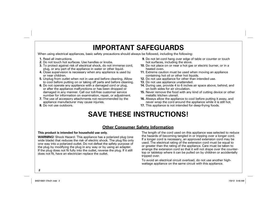 Hamilton Beach 26046 manual Important Safeguards, This product is intended for household use only 