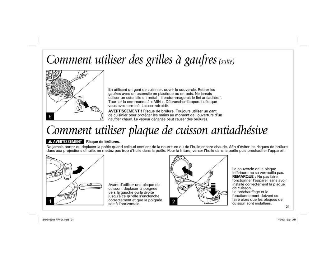 Hamilton Beach 26046 manual Comment utiliser des grilles à gaufres suite, Comment utiliser plaque de cuisson antiadhésive 