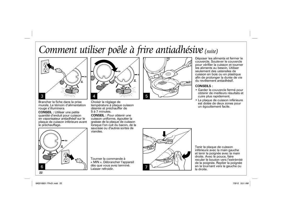 Hamilton Beach 26046 manual Comment utiliser poêle à frire antiadhésive suite, Conseils 