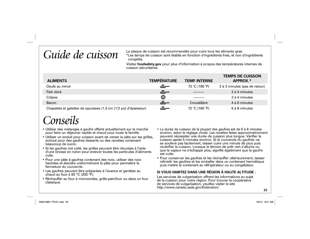 Hamilton Beach 26046 manual Guide de cuisson, Conseils, Temps DE Cuisson, Aliments Température 