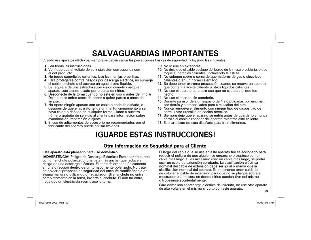 Hamilton Beach 26046 manual Salvaguardias Importantes, Este aparato está planeado para uso doméstico 