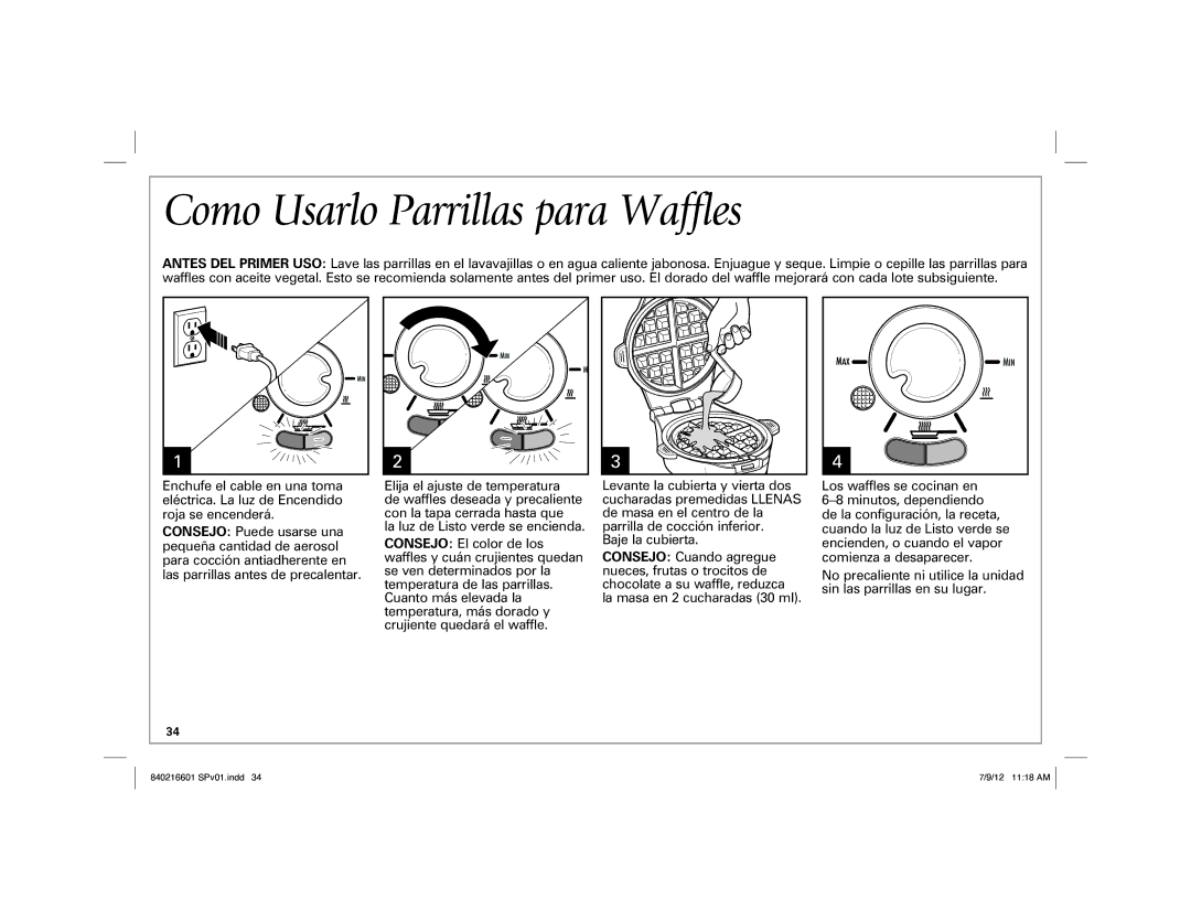 Hamilton Beach 26046 manual Como Usarlo Parrillas para Waffles 