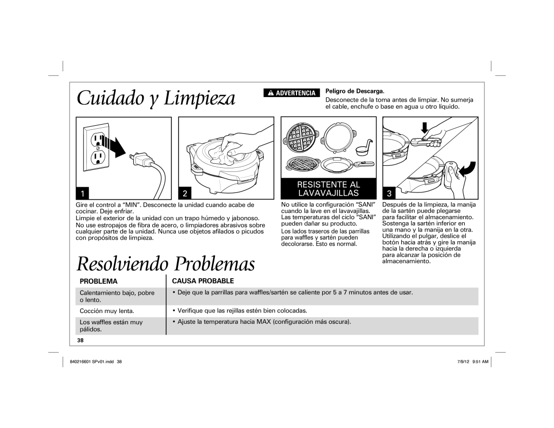 Hamilton Beach 26046 manual Cuidado y Limpieza, Resolviendo Problemas, Causa Probable, Peligro de Descarga 