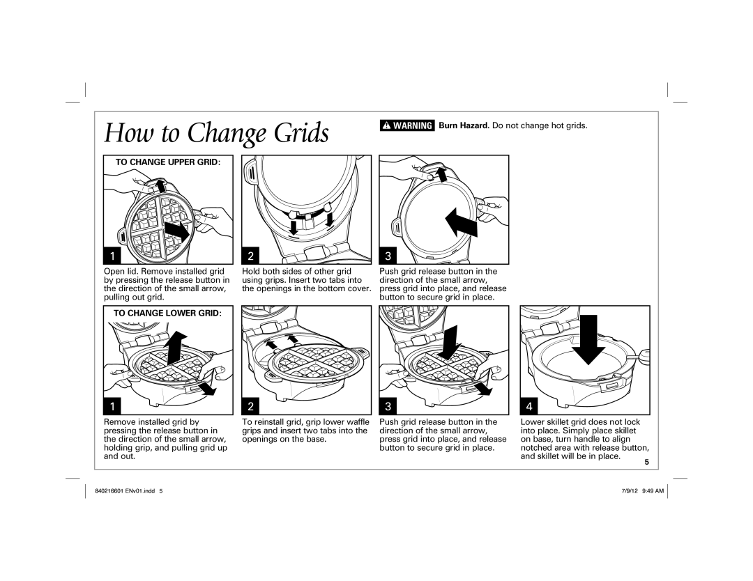 Hamilton Beach 26046 manual How to Change Grids, To Change Upper Grid, To Change Lower Grid 