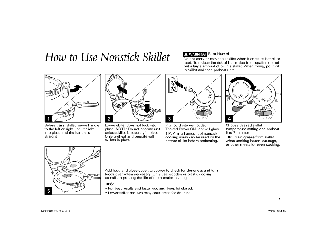 Hamilton Beach 26046 manual How to Use Nonstick Skillet, Tips 