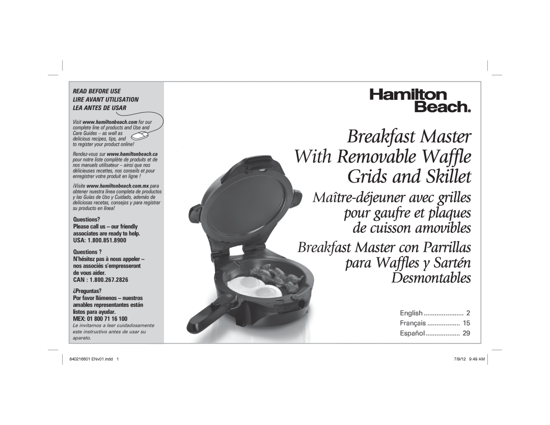 Hamilton Beach 26046 manual Breakfast Master With Removable Waffle Grids and Skillet, Questions?, Questions ?, Mex 
