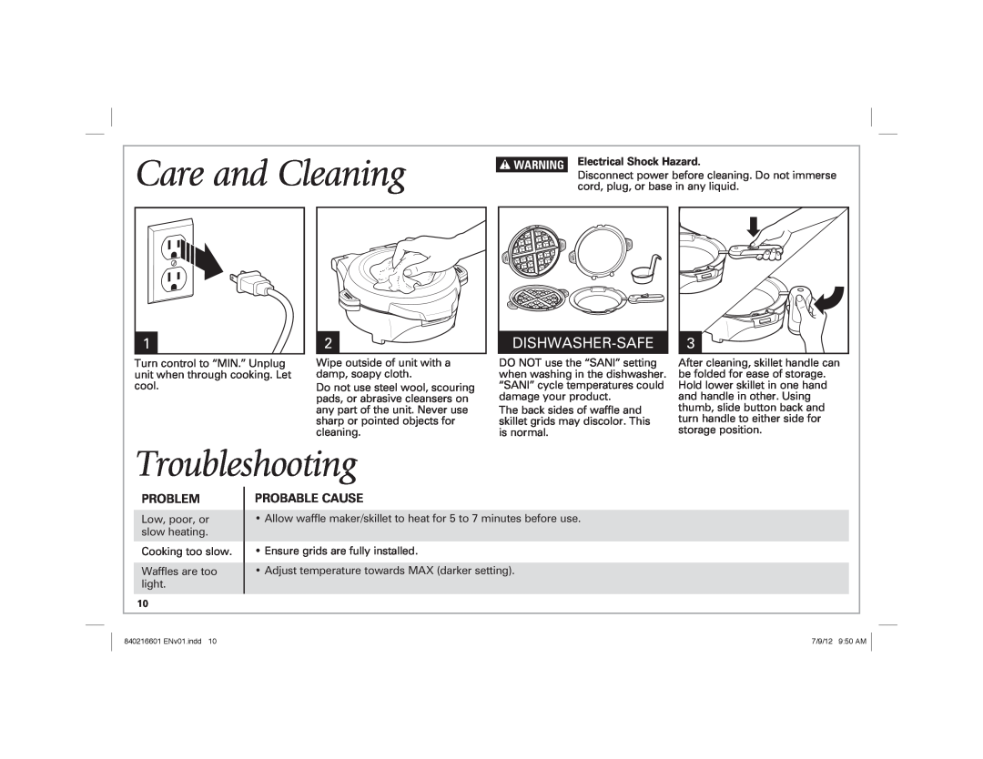 Hamilton Beach 26046 manual Care and Cleaning, Troubleshooting, Dishwasher-Safe, w WARNING Electrical Shock Hazard 
