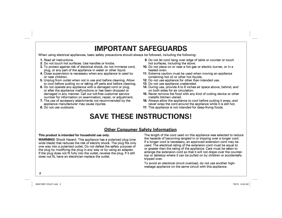 Hamilton Beach 26046 manual Important Safeguards, Save These Instructions, Other Consumer Safety Information 