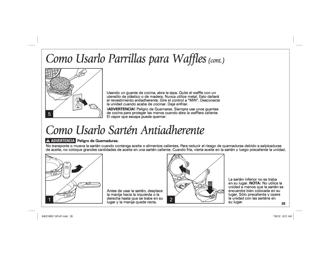 Hamilton Beach 26046 manual Como Usarlo Parrillas para Waffles cont, Como Usarlo Sartén Antiadherente 