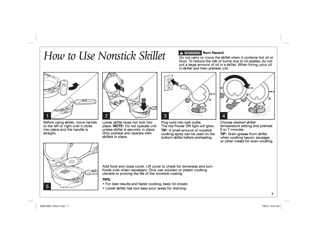 Hamilton Beach 26046 manual How to Use Nonstick Skillet, w WARNING Burn Hazard, Tips 