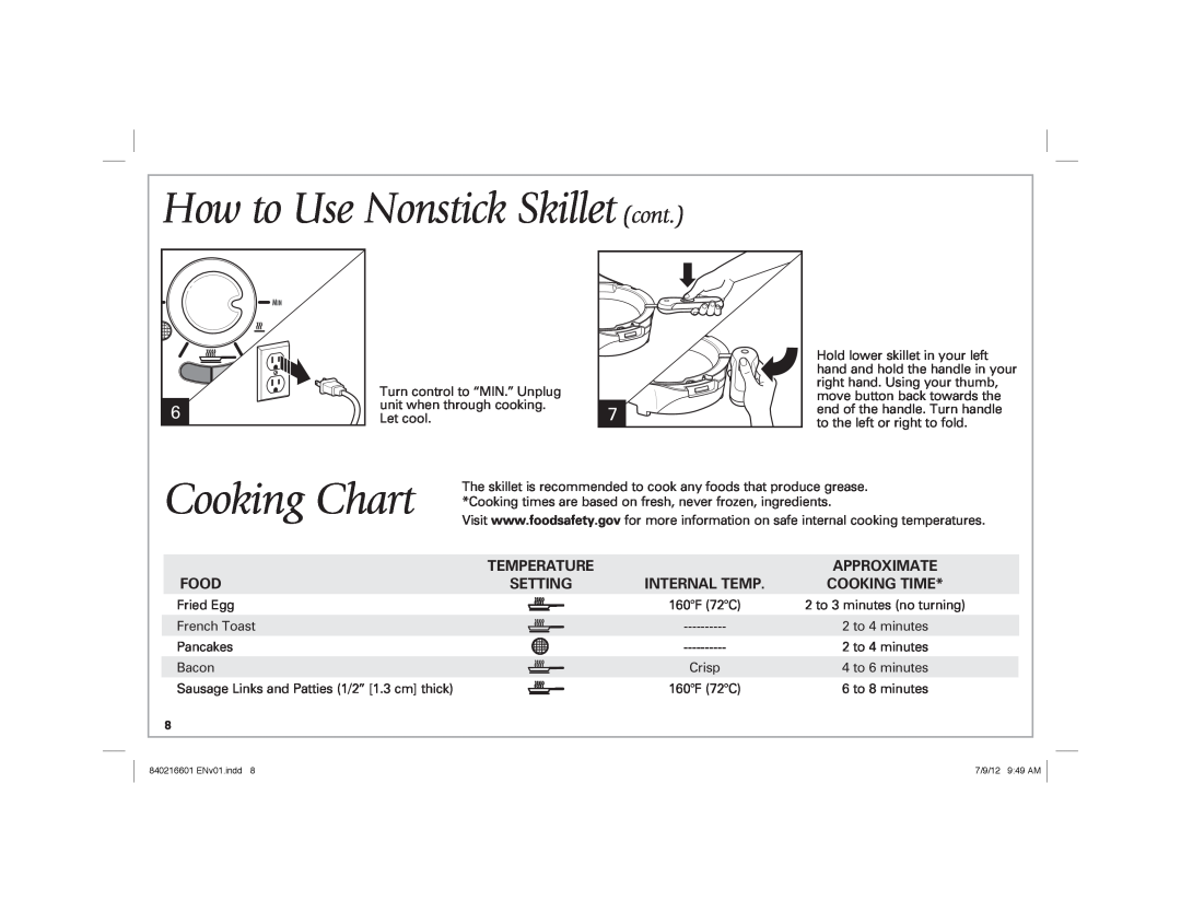 Hamilton Beach 26046 manual Cooking Chart, How to Use Nonstick Skillet cont 