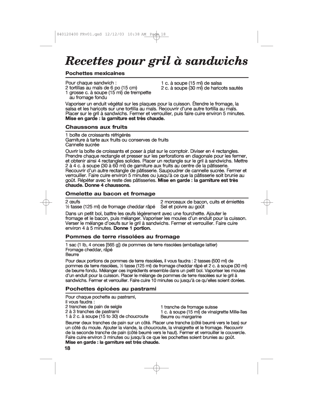 Hamilton Beach 26291 Recettes pour gril à sandwichs, Pochettes mexicaines, Mise en garde la garniture est très chaude 