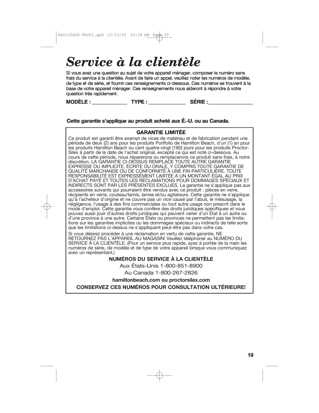 Hamilton Beach 26291 manual Service à la clientèle, Garantie Limitée, Numéros Du Service À La Clientèle 