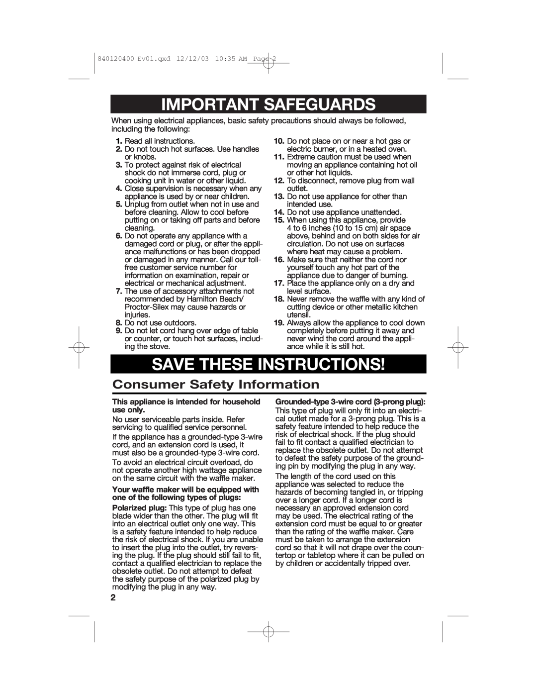 Hamilton Beach 26291 manual Important Safeguards, Save These Instructions, Consumer Safety Information 