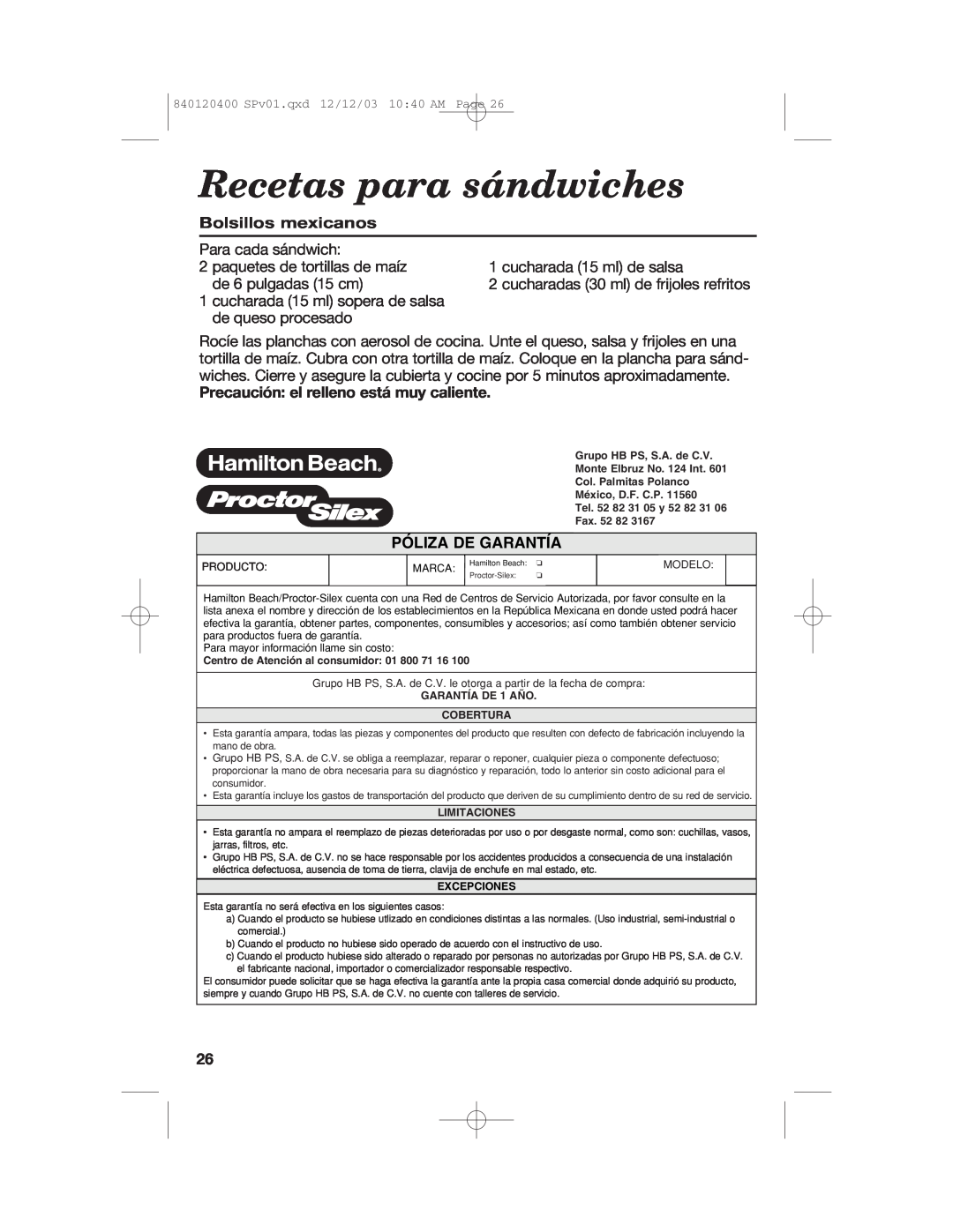 Hamilton Beach 26291 manual Recetas para sándwiches, Bolsillos mexicanos, Precaución el relleno está muy caliente, Fax 