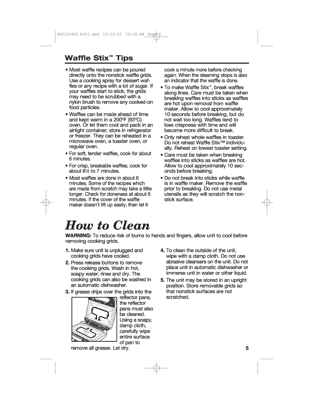 Hamilton Beach 26291 manual How to Clean, Waffle Stix Tips 