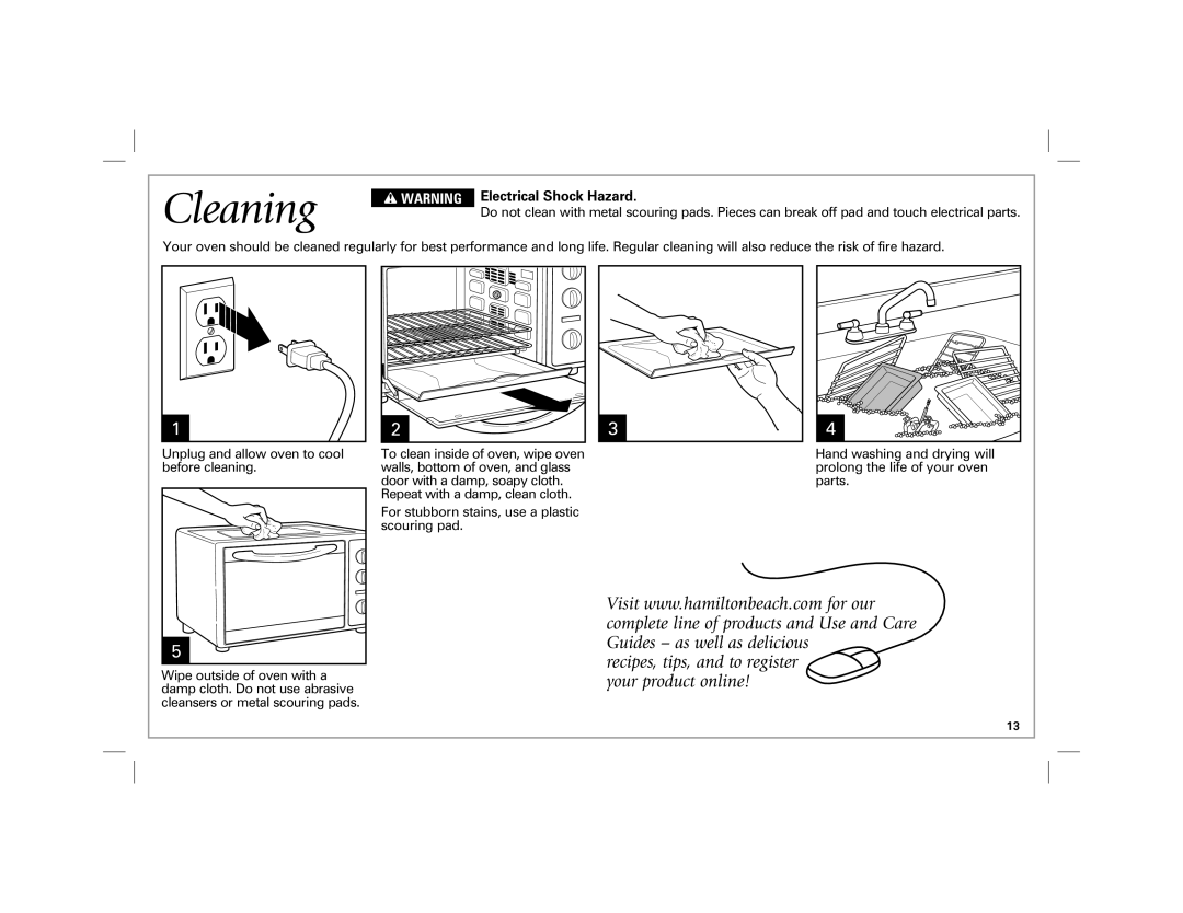 Hamilton Beach 31100 manual Cleaning, Electrical Shock Hazard 