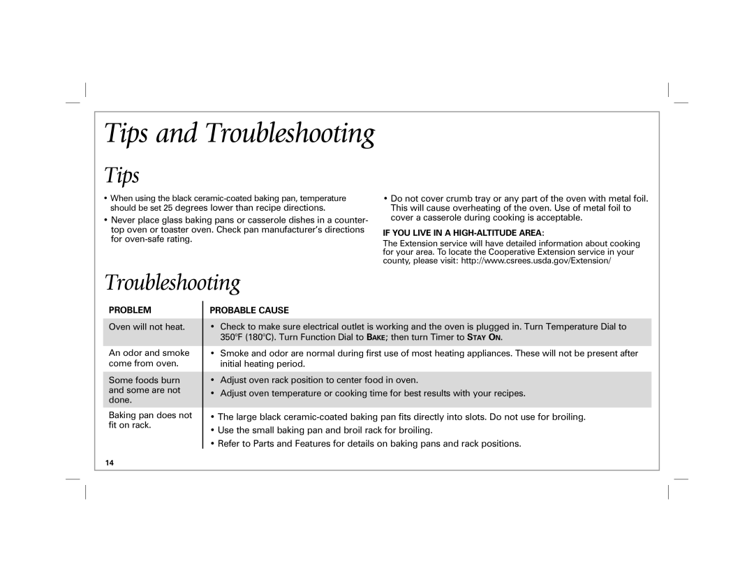 Hamilton Beach 31100 manual Tips and Troubleshooting, Problem, Probable Cause, If YOU Live in a HIGH-ALTITUDE Area 