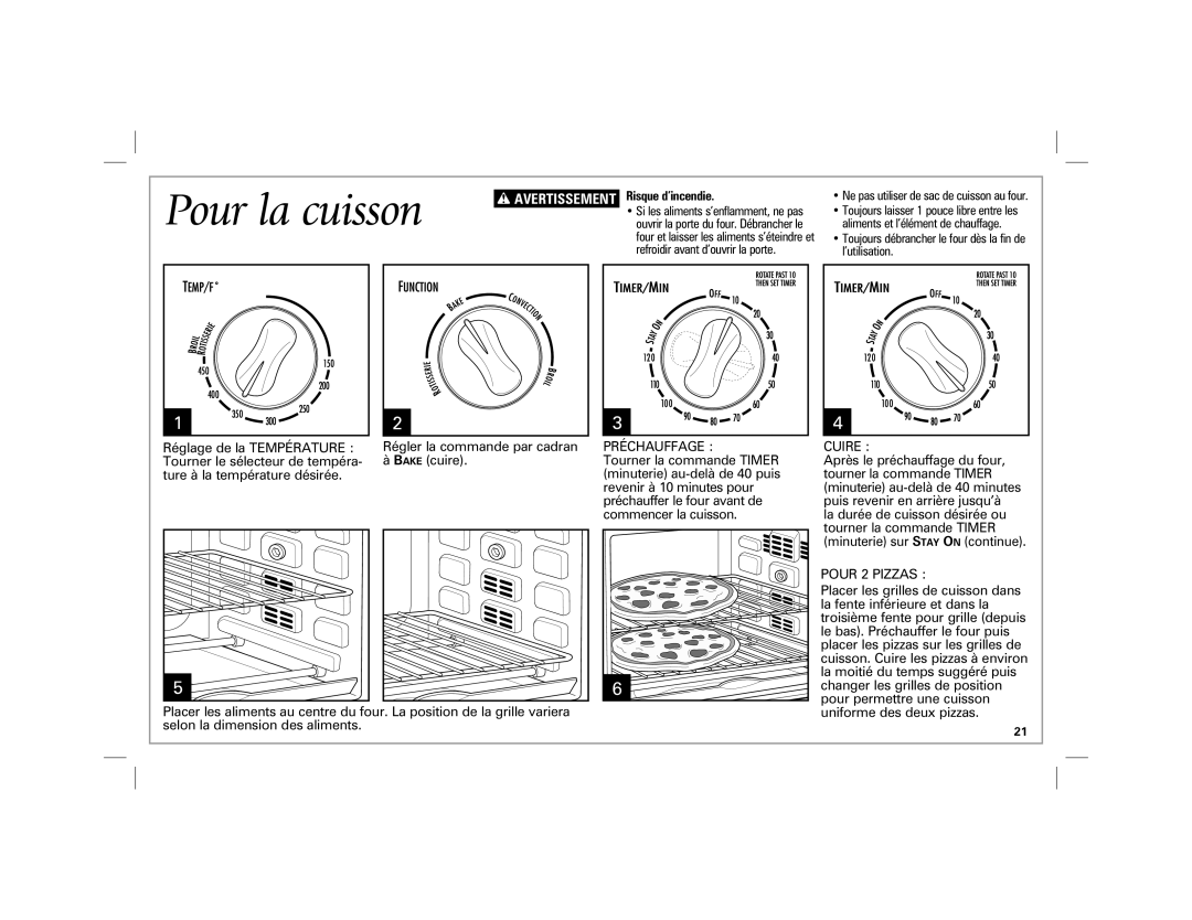 Hamilton Beach 31100 manual Pour la cuisson, Préchauffage, Cuire, Pour 2 Pizzas 