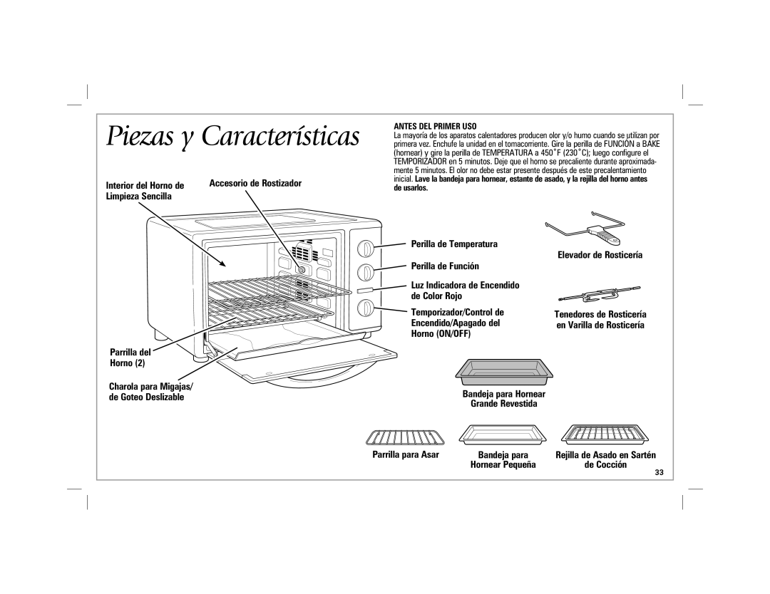 Hamilton Beach 31100 manual Piezas y Características, Interior del Horno de Accesorio de Rostizador, Encendido/Apagado del 