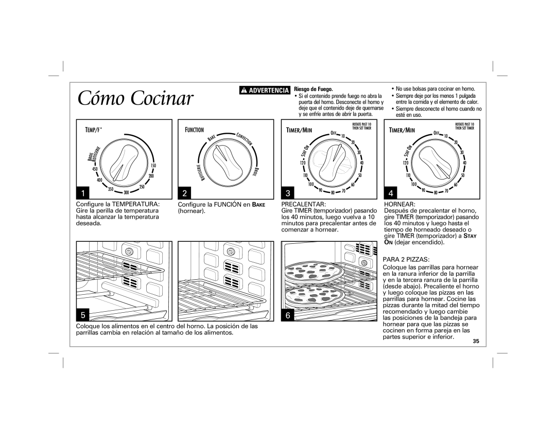 Hamilton Beach 31100 manual Cómo Cocinar, Precalentar, Hornear, Para 2 Pizzas 