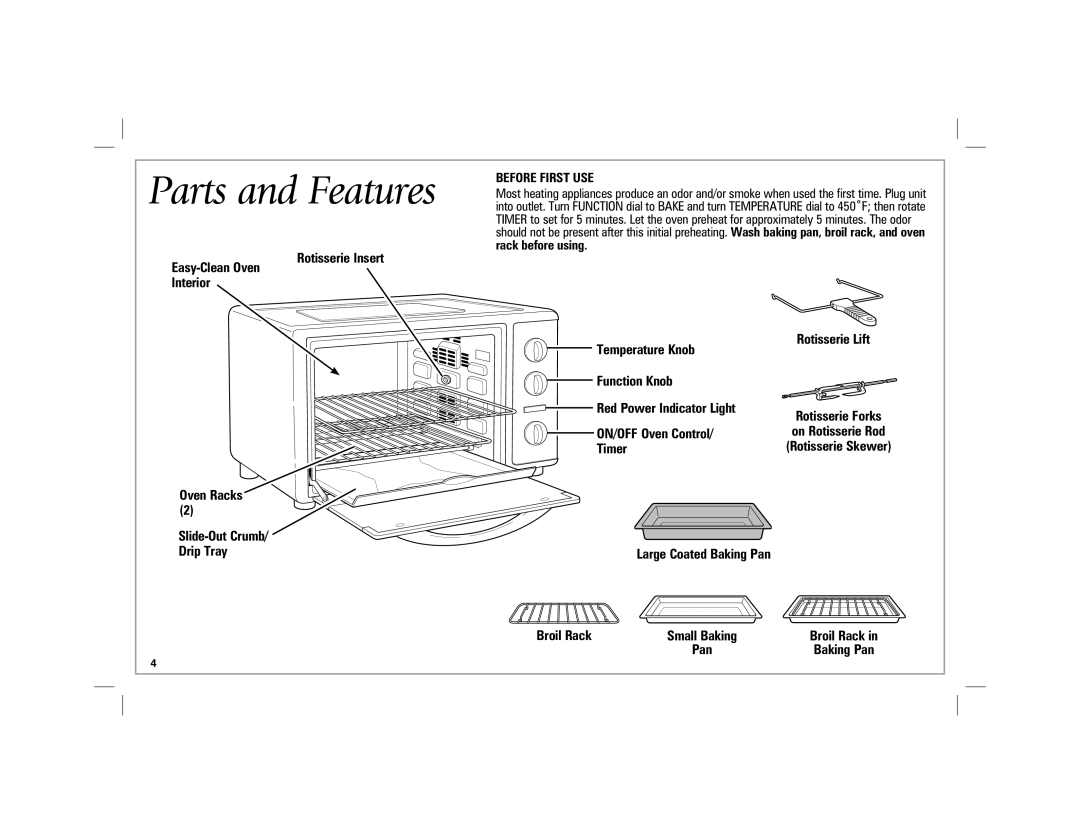 Hamilton Beach 31100 manual Parts and Features, Before First USE, ON/OFF Oven Control/ Timer Rotisserie Lift 