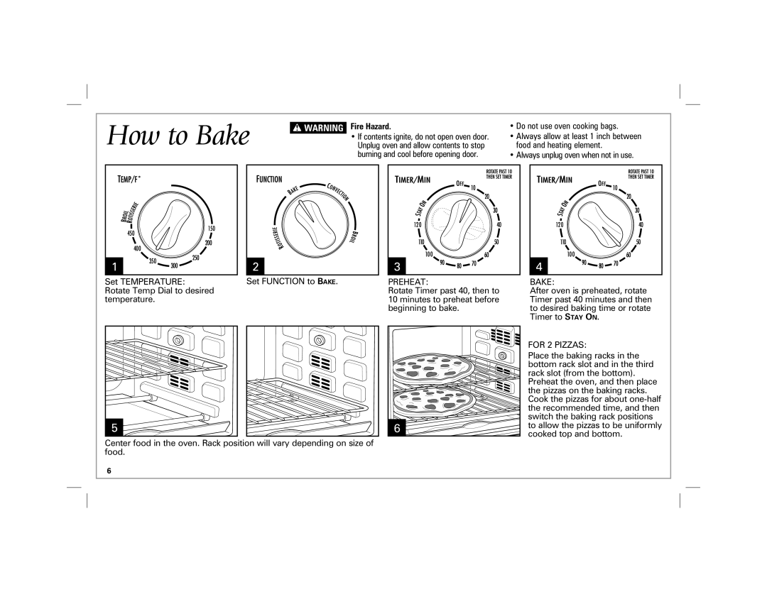 Hamilton Beach 31100 manual How to Bake, Preheat, For 2 Pizzas 