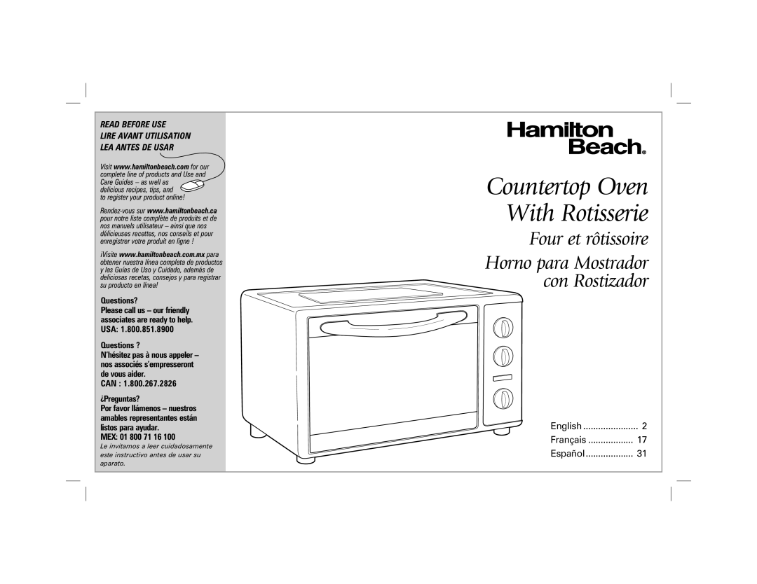 Hamilton Beach 31100 manual Countertop Oven With Rotisserie, Four et rôtissoire, Horno para Mostrador con Rostizador 