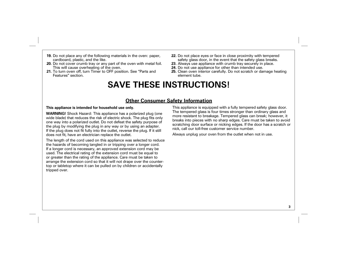 Hamilton Beach 31100 manual Save These Instructions, Other Consumer Safety Information 