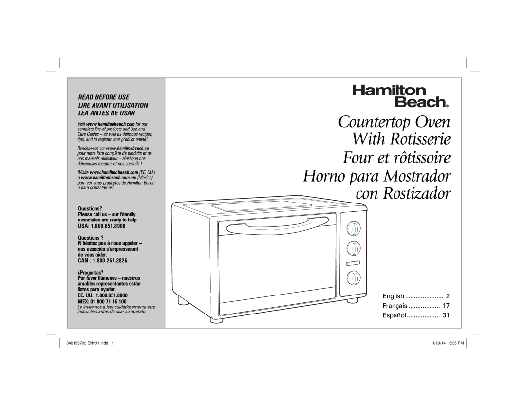 Hamilton Beach 31103, 31104 manual Questions?, Questions ?, Can ¿Preguntas? 