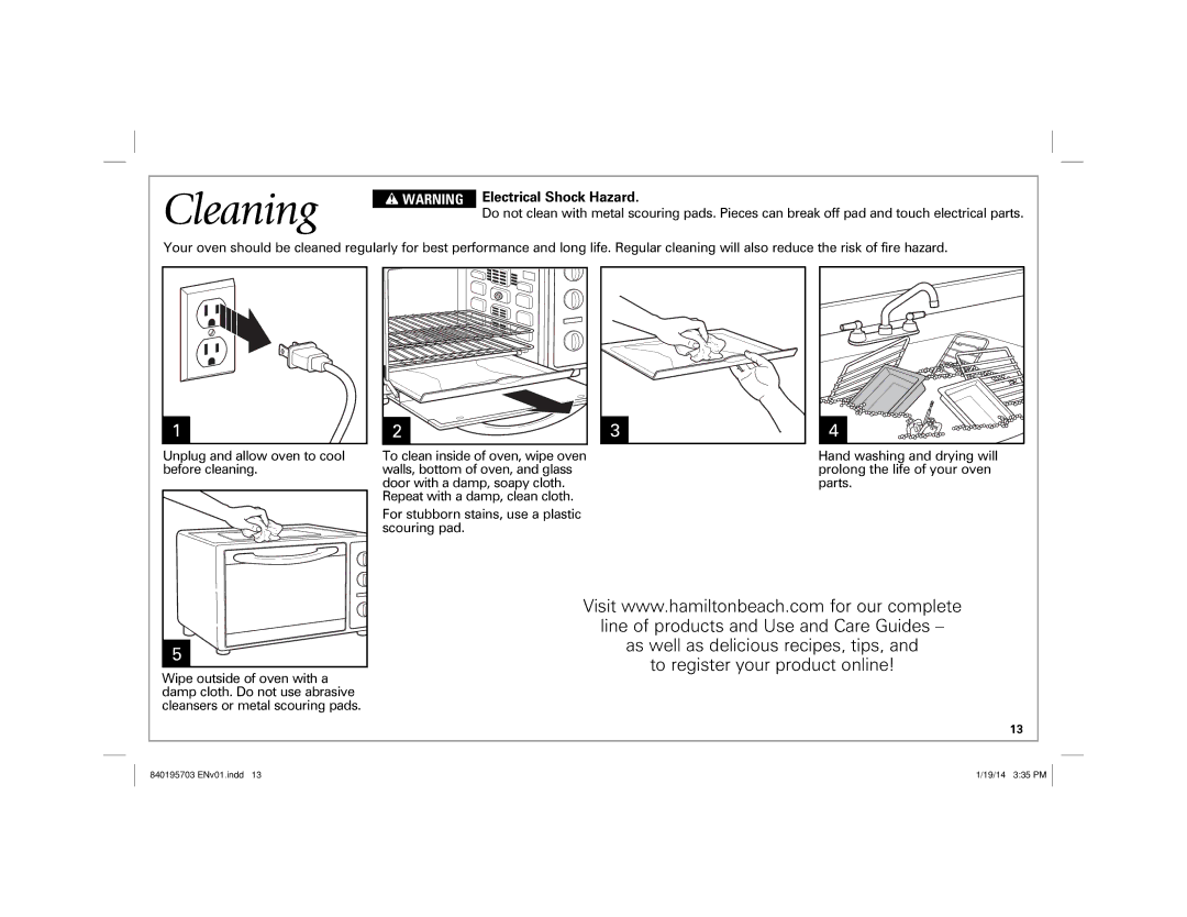 Hamilton Beach 31103, 31104 manual Cleaning, Electrical Shock Hazard 