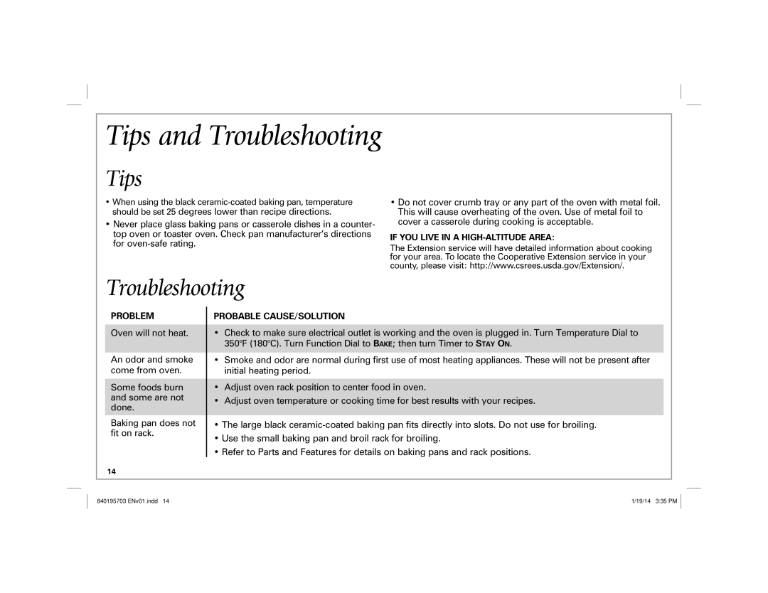 Hamilton Beach 31104 manual Tips and Troubleshooting, Problem, Probable CAUSE/SOLUTION, If YOU Live in a HIGH-ALTITUDE Area 