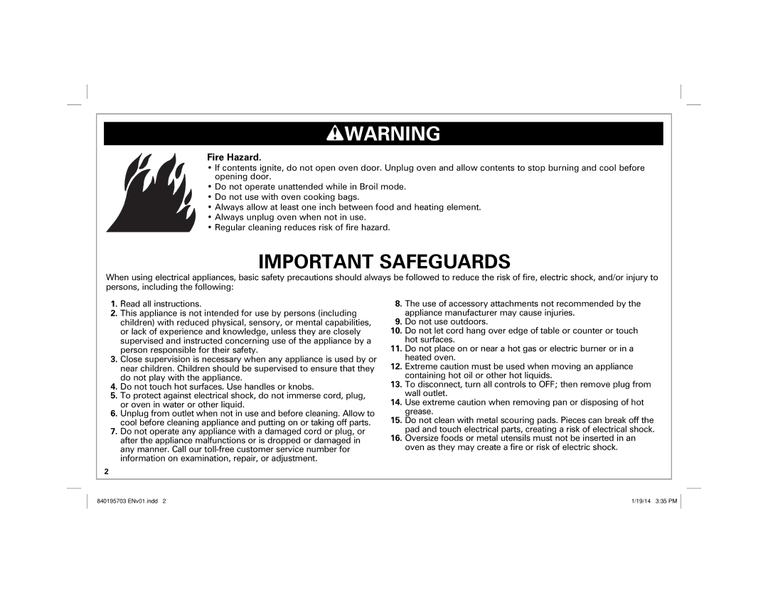 Hamilton Beach 31104, 31103 manual Wwarning, Fire Hazard 