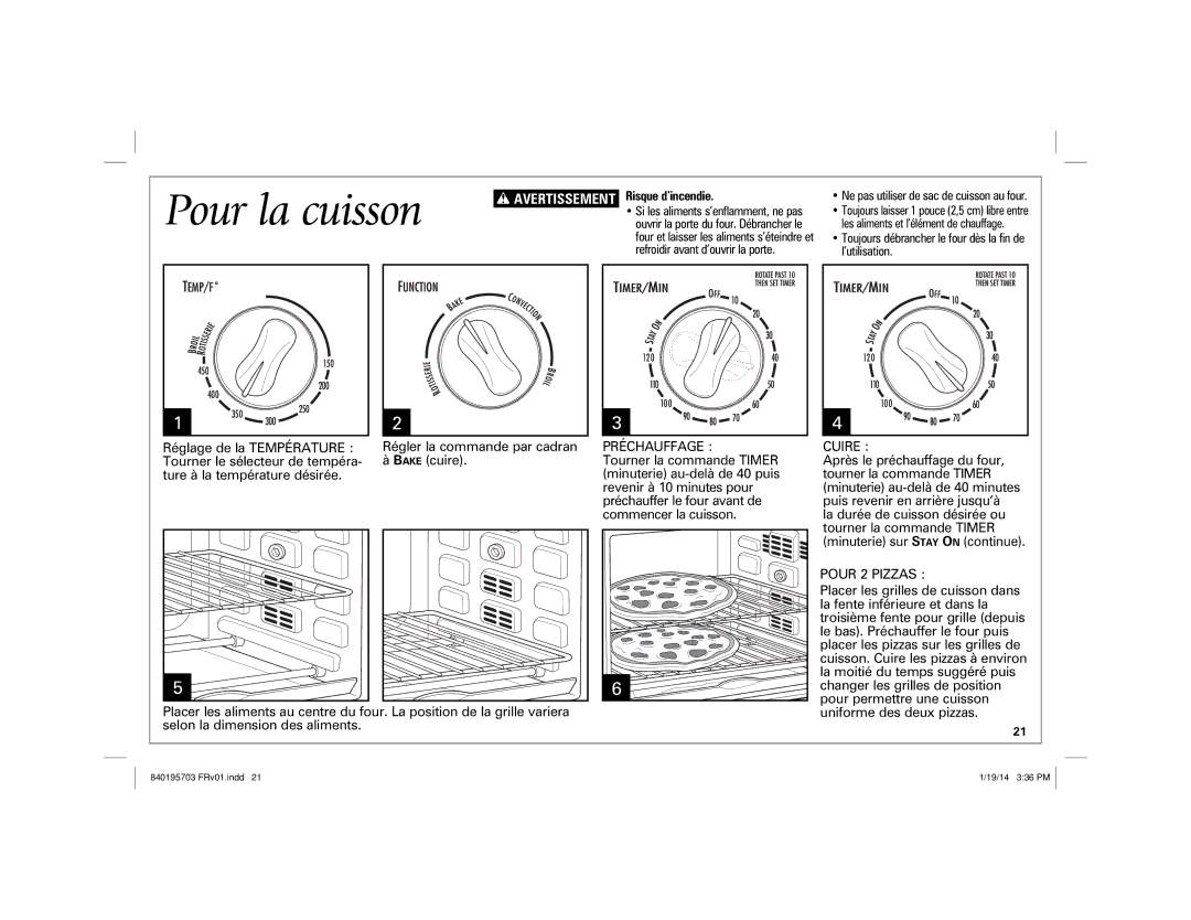 Hamilton Beach 31103, 31104 manual Pour la cuisson, Préchauffage, Cuire, Pour 2 Pizzas, Risque d’incendie 