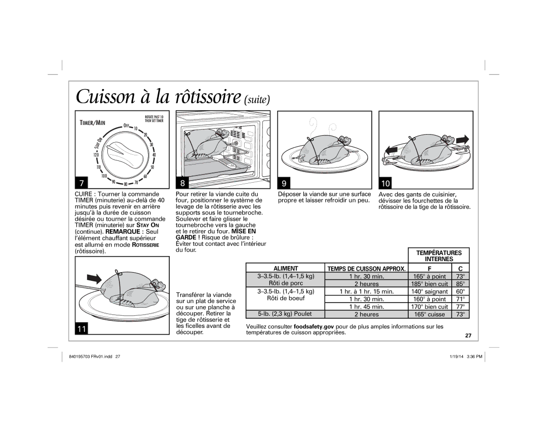 Hamilton Beach 31103, 31104 manual Cuisson à la rôtissoire suite, Lb ,3 kg Poulet 