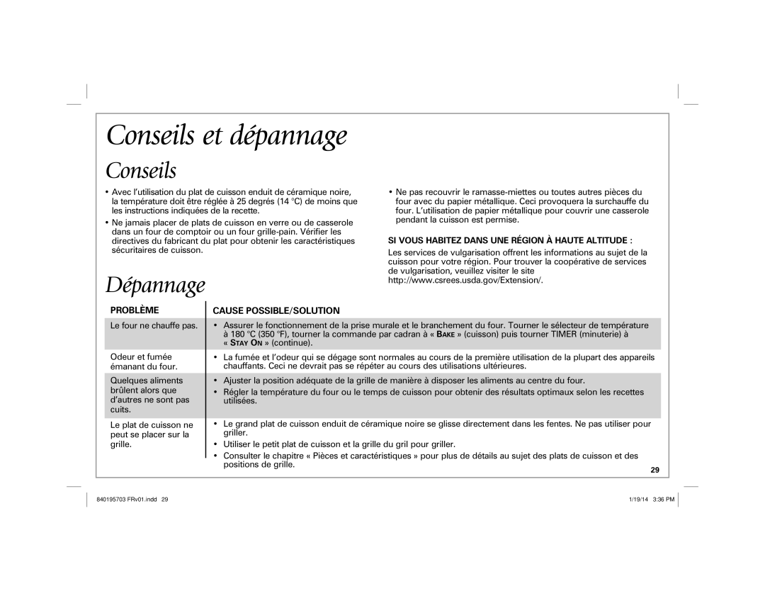 Hamilton Beach 31103, 31104 manual Conseils et dépannage, Problème Cause POSSIBLE/SOLUTION 