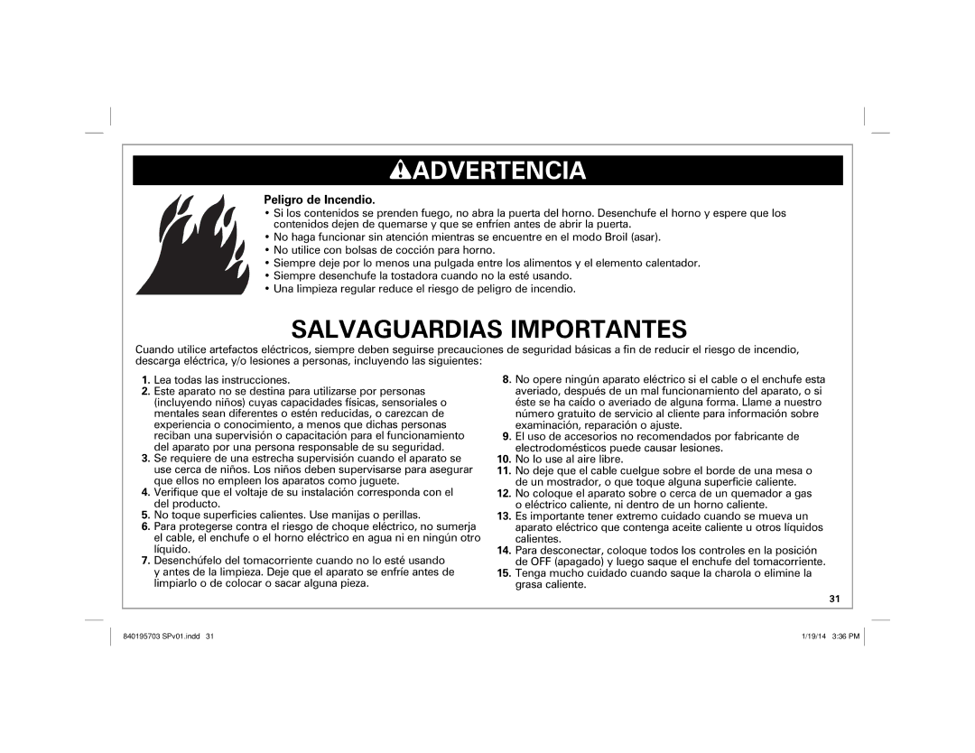 Hamilton Beach 31103, 31104 manual Wadvertencia, Peligro de Incendio 