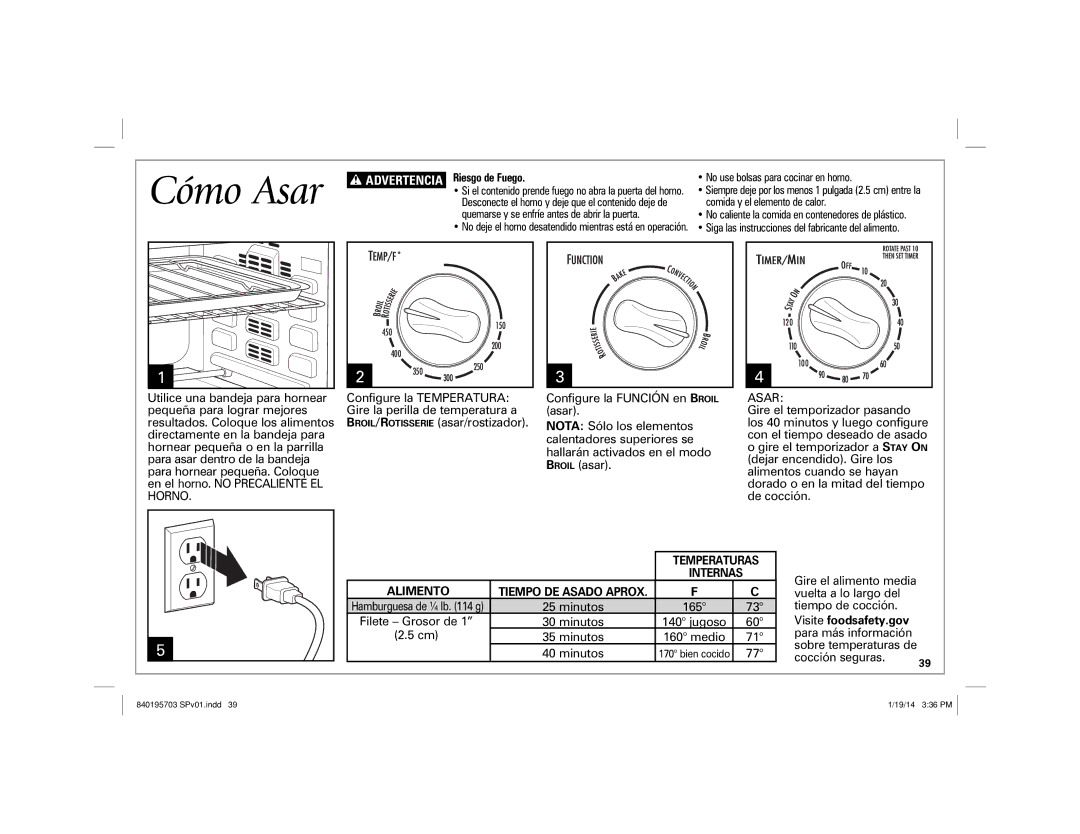 Hamilton Beach 31103, 31104 manual Cómo Asar, Riesgo de Fuego 