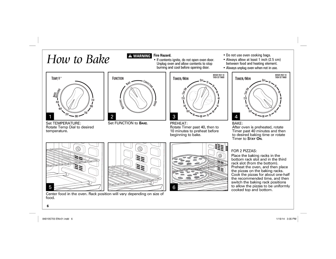 Hamilton Beach 31104, 31103 manual How to Bake, Preheat, For 2 Pizzas 