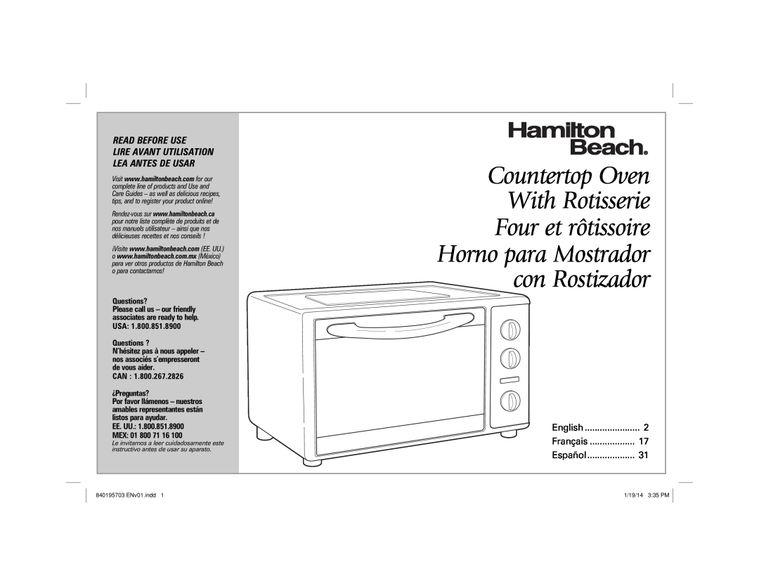 Hamilton Beach 31103, 31104 manual Countertop Oven, Read Before Use, Lire Avant Utilisation Lea Antes De Usar, Questions? 