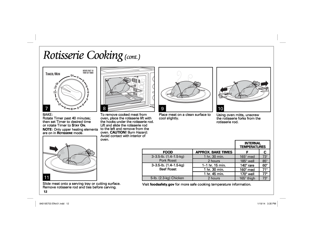 Hamilton Beach 31104, 31103 manual Rotisserie Cooking cont 