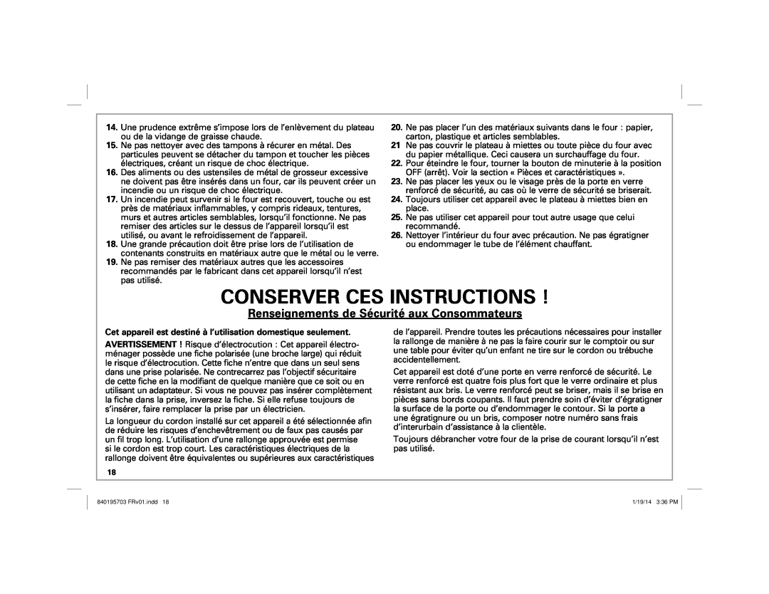 Hamilton Beach 31104, 31103 manual Conserver Ces Instructions, Renseignements de Sécurité aux Consommateurs 