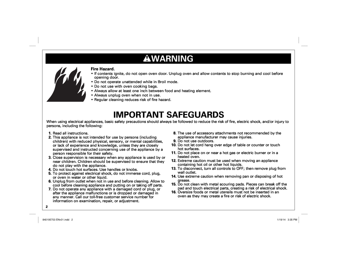 Hamilton Beach 31104, 31103 manual wWARNING, Important Safeguards, Fire Hazard 