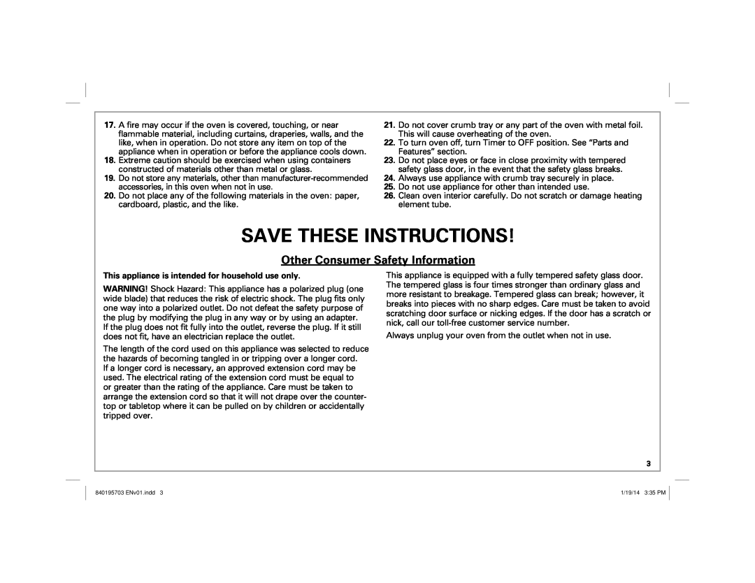 Hamilton Beach 31103, 31104 manual Save These Instructions, Other Consumer Safety Information 