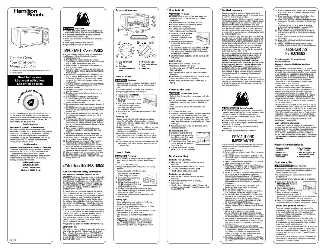 Hamilton Beach 31138 warranty Parts and features, How to toast, How to bake, How to broil, Cleaning the oven 